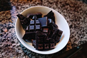 Bowl of dark chocolate squares